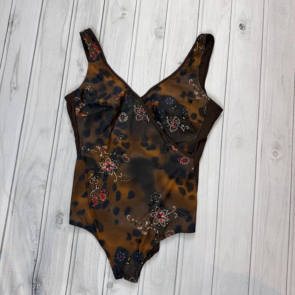 Rodeo One Piece Swimsuit Size 46 Brown Floral Leopard Retro Fit